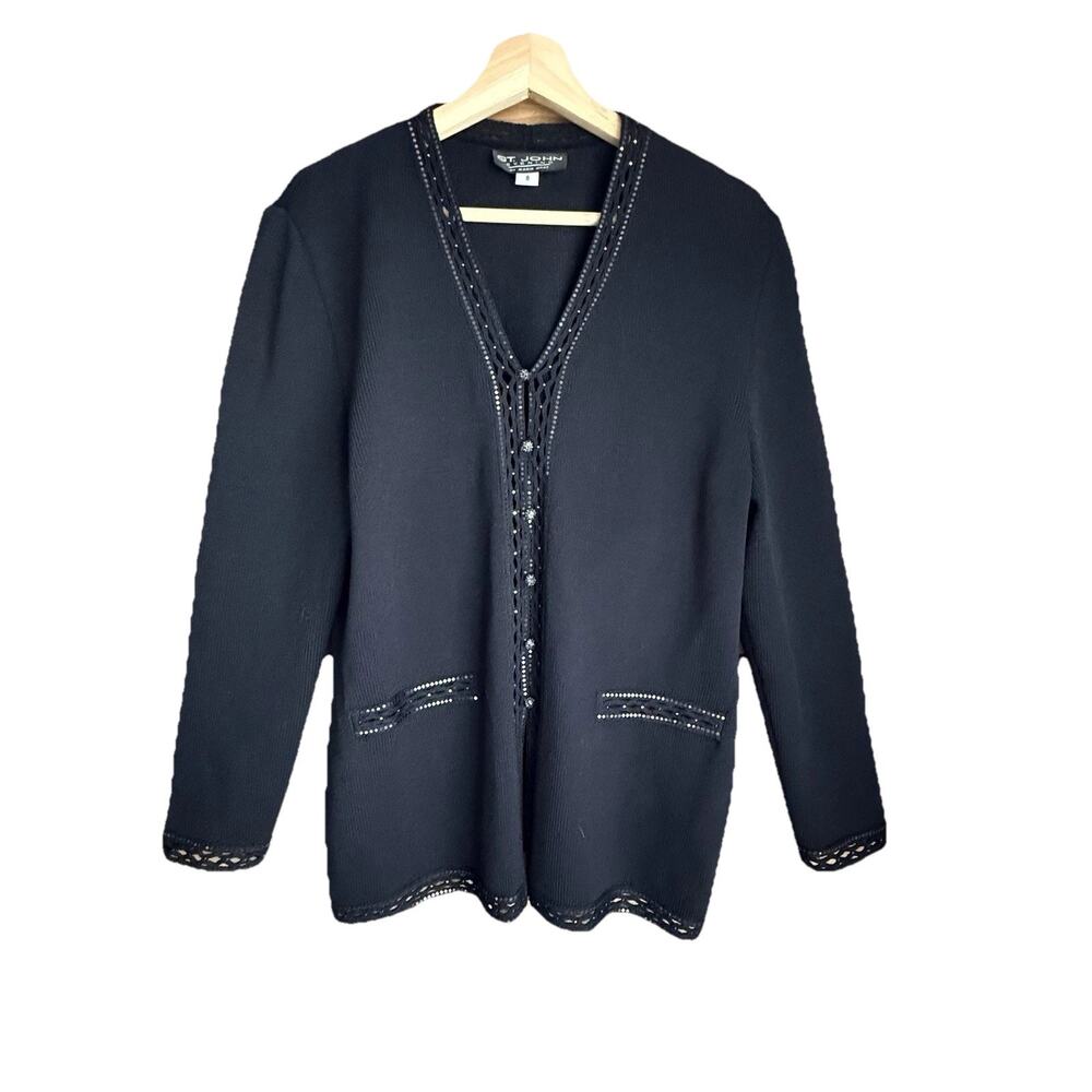 St John Evening Marie Gray Cardigan 8 Black Santana Knit Embellished Rhinestone